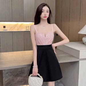 Sexy style low cut contrasting color temperament slimming dress
