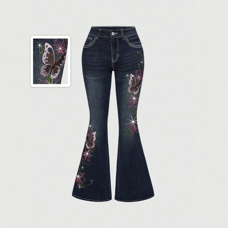 Cross-Border Y2K Retro Millennium Style Butterfly Vine Embroidery Rhinestone Flared Jeans for Women, Cross-Border Factory In-Stock Cross-Border Y2K Retro Millennium Style Butterfly Vine Embroidery Rhinestone Flared Jeans for Women, Cross-Border Factory In-Stock