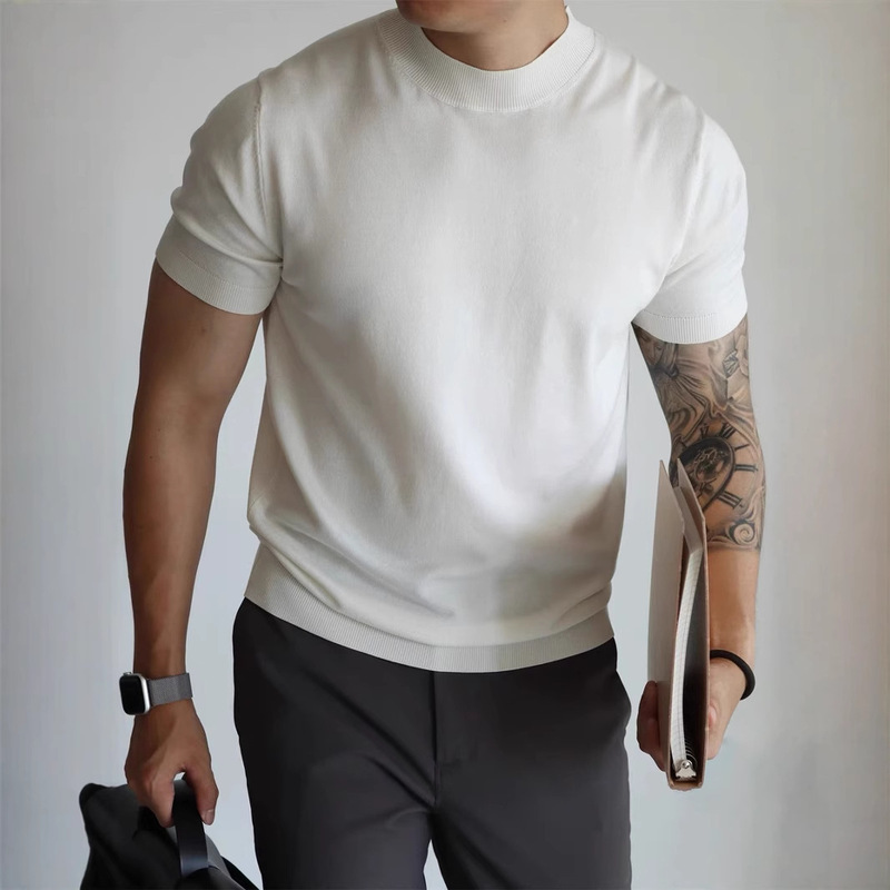 Men's Half-high Collar Knitted Short-sleeved T-shirt 2025 New High-end White Slim-fit T-shirt Hong Kong-style Vintage Top