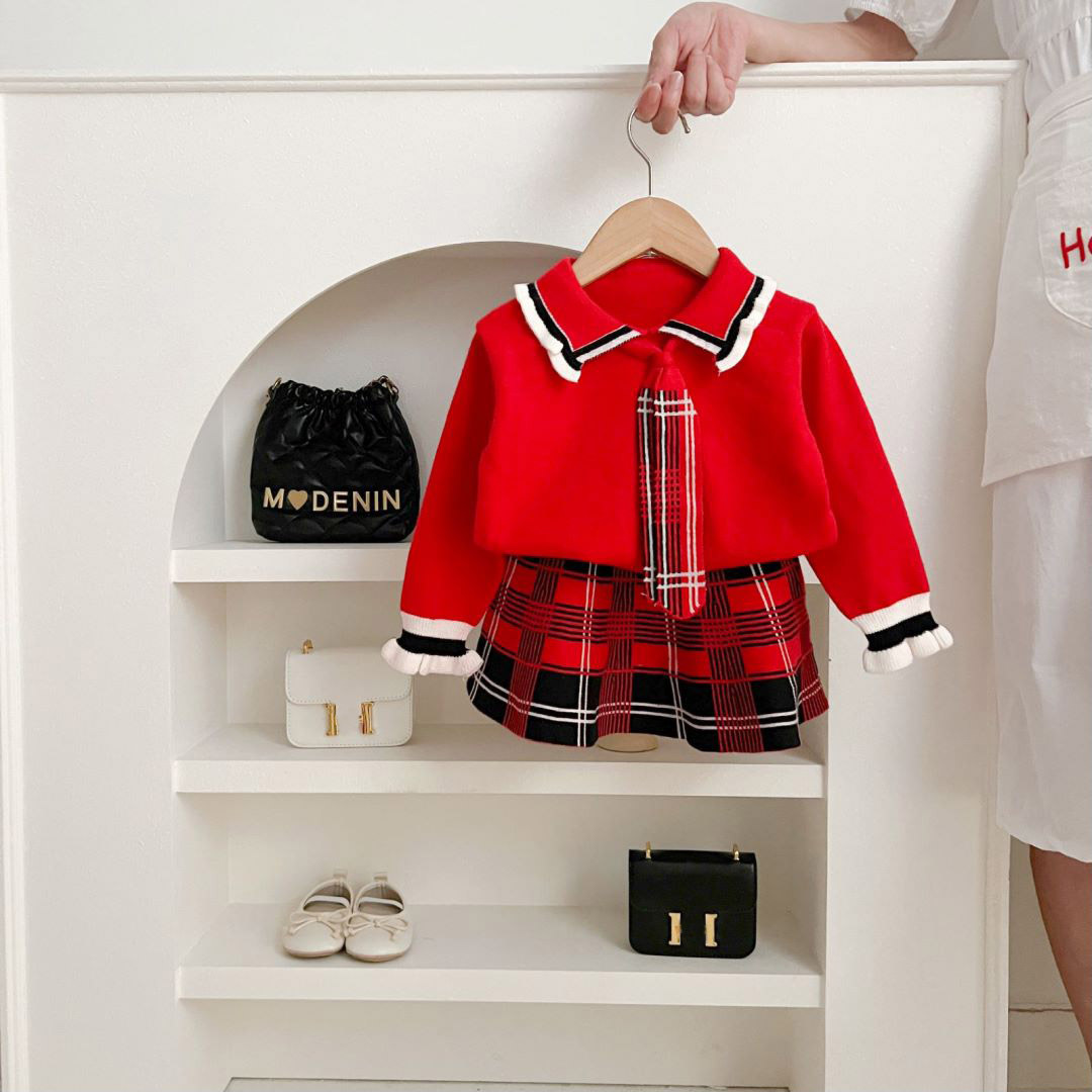 Barnset 2024 Höst/Vinter Ny Western Stickad Tröja i Akademistil Tvådelad Kjol_voghion.com