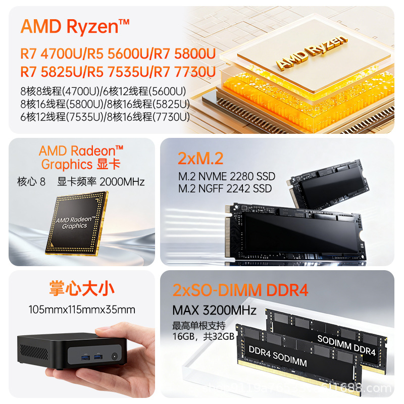 适用AMD迷你主机锐龙R7 5825U办公影音7730U微型电脑PC游戏跨境4K