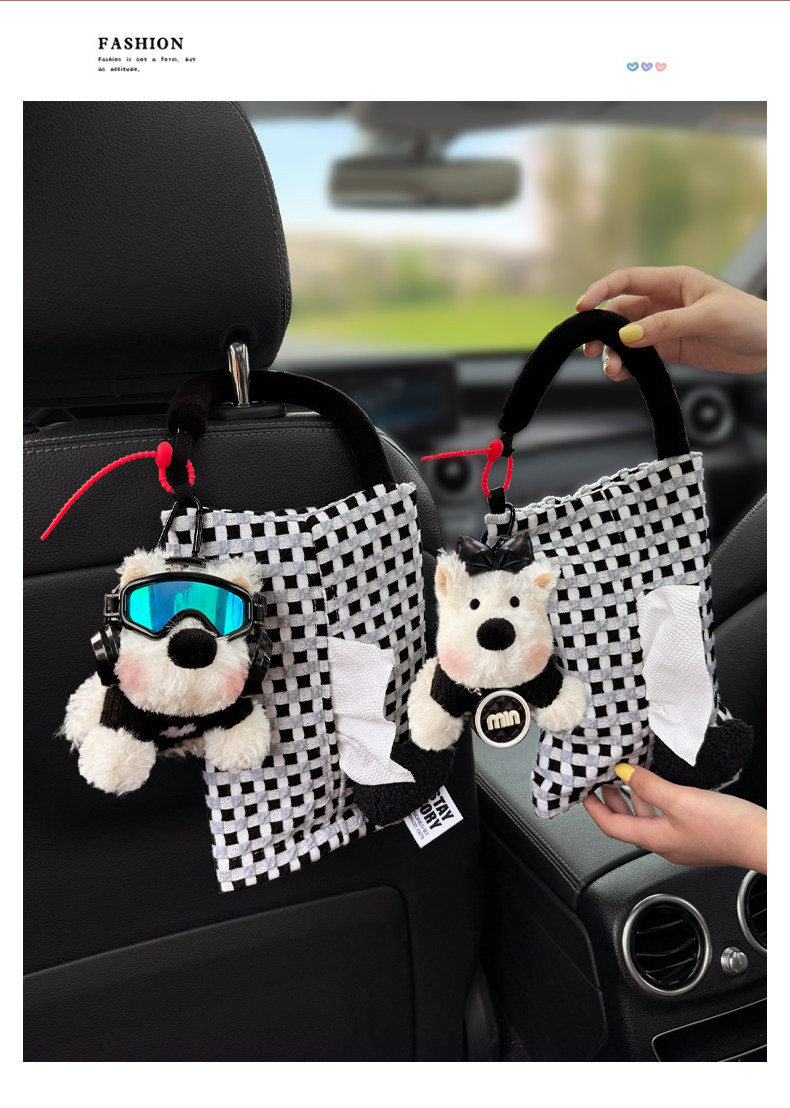New car tissue box with West Highland puppy design, hanging car tissue holder, high-end interior seat back storage decoration