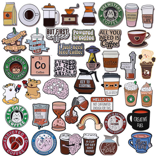 European and American English Coffee Series Brooch Set, Metal Badges, Fashion Accessories, Versatile Beverage Milk Tea