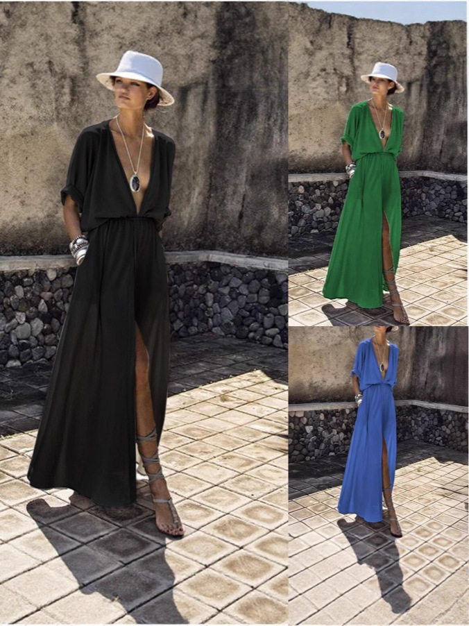 2026 Amazon WISH new hot style deep V mid-sleeve slit temperament European and American solid color dress