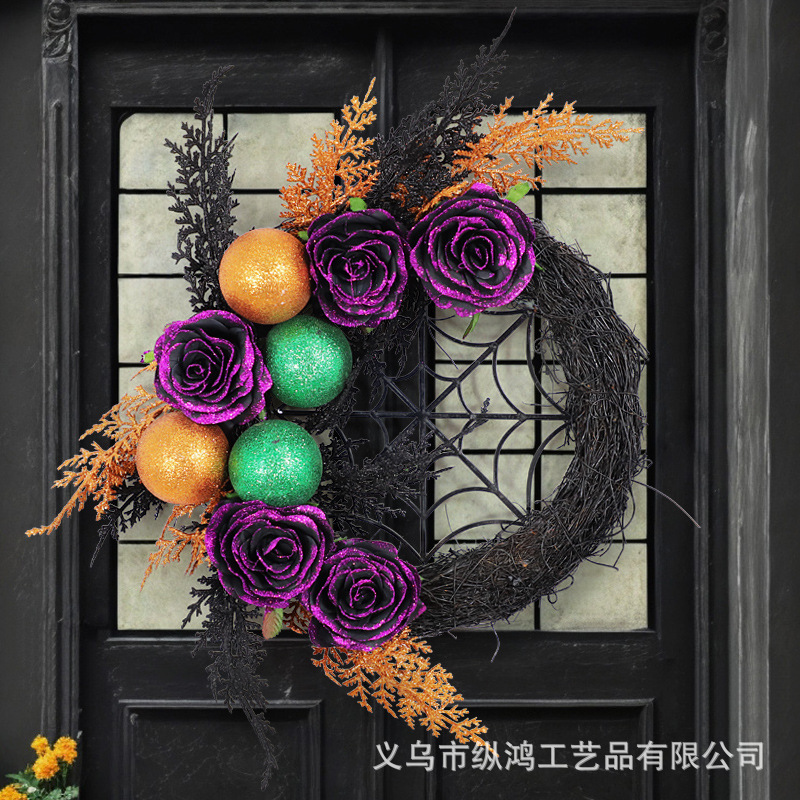 ハロウィンガーランド、蜘蛛の巣、黒いバラのつる飾り、装飾用吊り下げ飾り、ハロウィン、お化け屋敷の装飾、ドア飾り|undefined