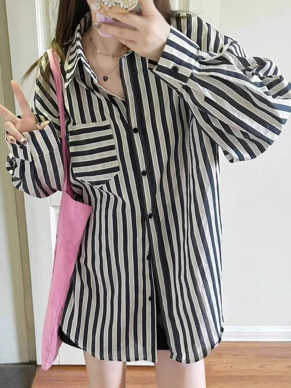 宽松外套休闲衬衣黑白条纹衬衫女慵懒风小个子春秋防晒长袖上衣|undefined
