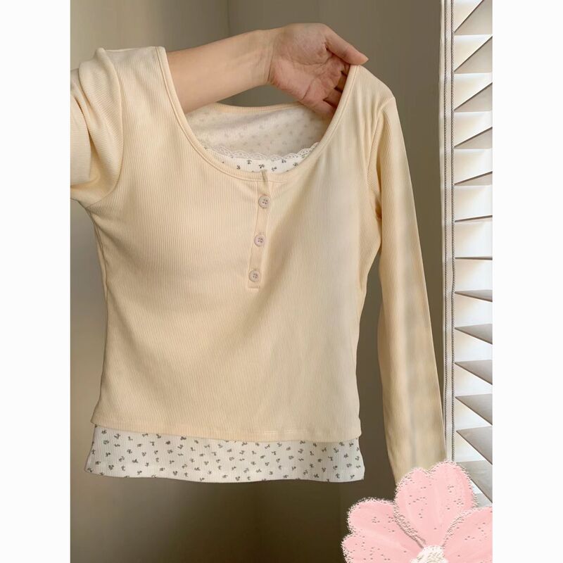 Bm Sanding Spice Girls Base Warm Two-piece Top for Autumn and Winter Floral T-shirt Slim-fit Button Long Sleeve Design Slim