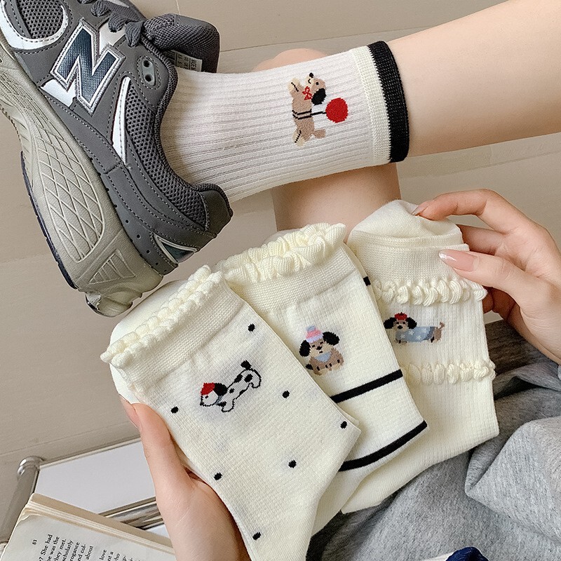 Women's Pure Cotton Mid-Calf Socks Korean Dongdaemun Dachshund Cute Cartoon Polka Dot Striped Spring and Autumn Long Socks for Women