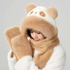 新秋冬帽子女围巾手套一体毛绒百搭熊猫三件套双层加厚护耳保暖帽