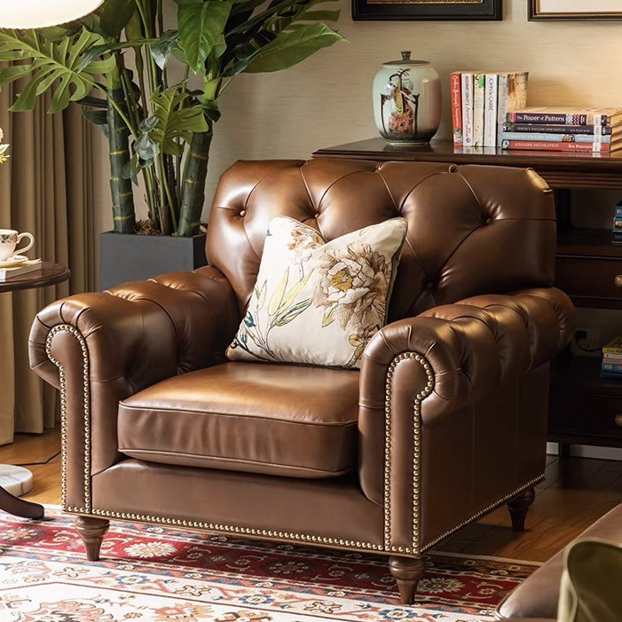American Retro Sofa Cigar Bar Furniture Living Room Small Apartment Three-Seater Leather Sofa Large Button Sofa European Style