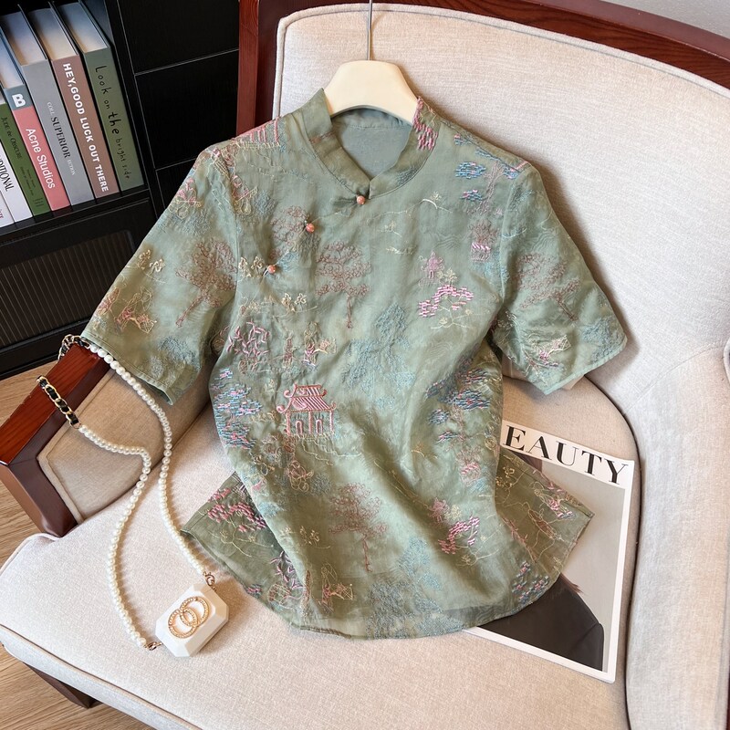 New Chinese Style National Style Silk Embroidered Jacquard Short-Sleeved T-Shirt for Women Summer Retro Style Design Improved Mulberry Silk Top