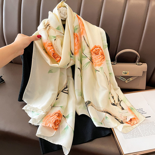 New Korean style sun protection silk scarf for women, thin scarf and shawl for summer wear, long oversized beach gauze print