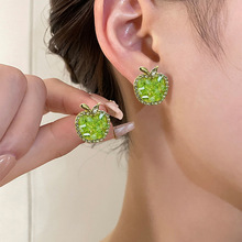 S925银针绿色水晶苹果耳钉2023新款潮网时尚百搭耳环精致超仙耳饰