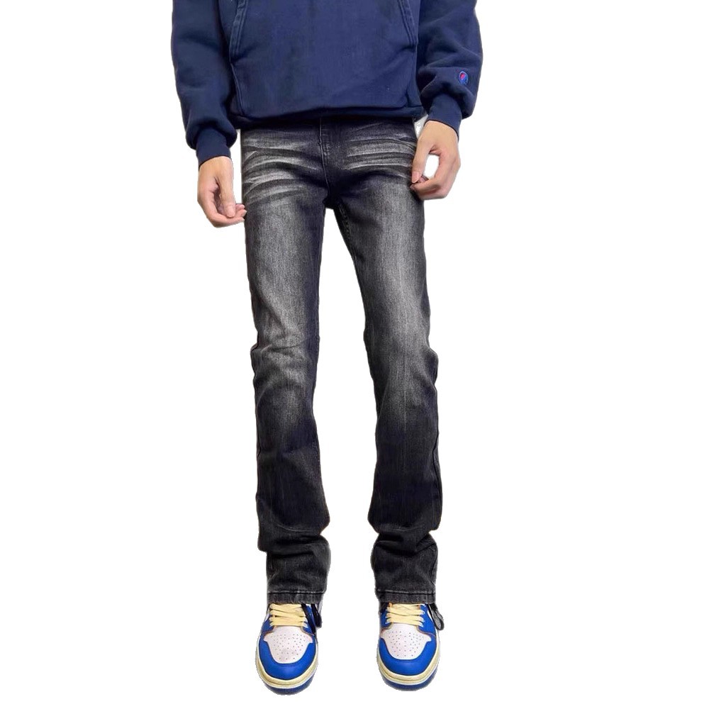 Washed Black Slightly Flared Jeans High Street Style Straight Leg Slim Fit Trendy Pants For Men And Women_voghion.com
