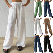 欧美跨境亚马逊新款棉麻压皱时尚女装百搭宽松家居休闲纯色阔腿女