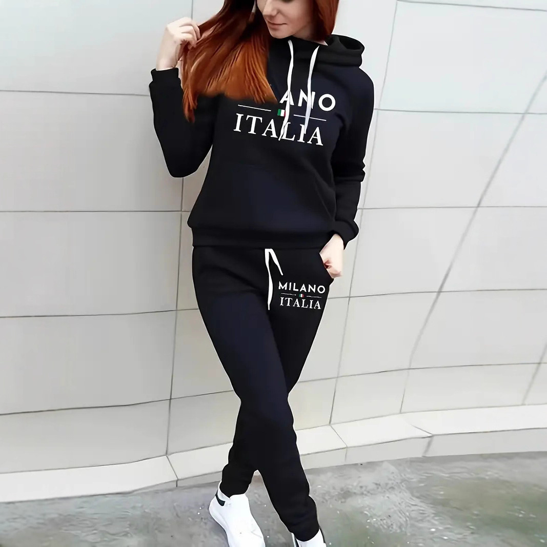 Conjunto de sudadera con capucha de polar para mujer con estampado de letras - Conjunto informal de dos piezas (negro, azul marino, rojo, beige, rosa) - S/M/L/XL/XXL_voghion.com