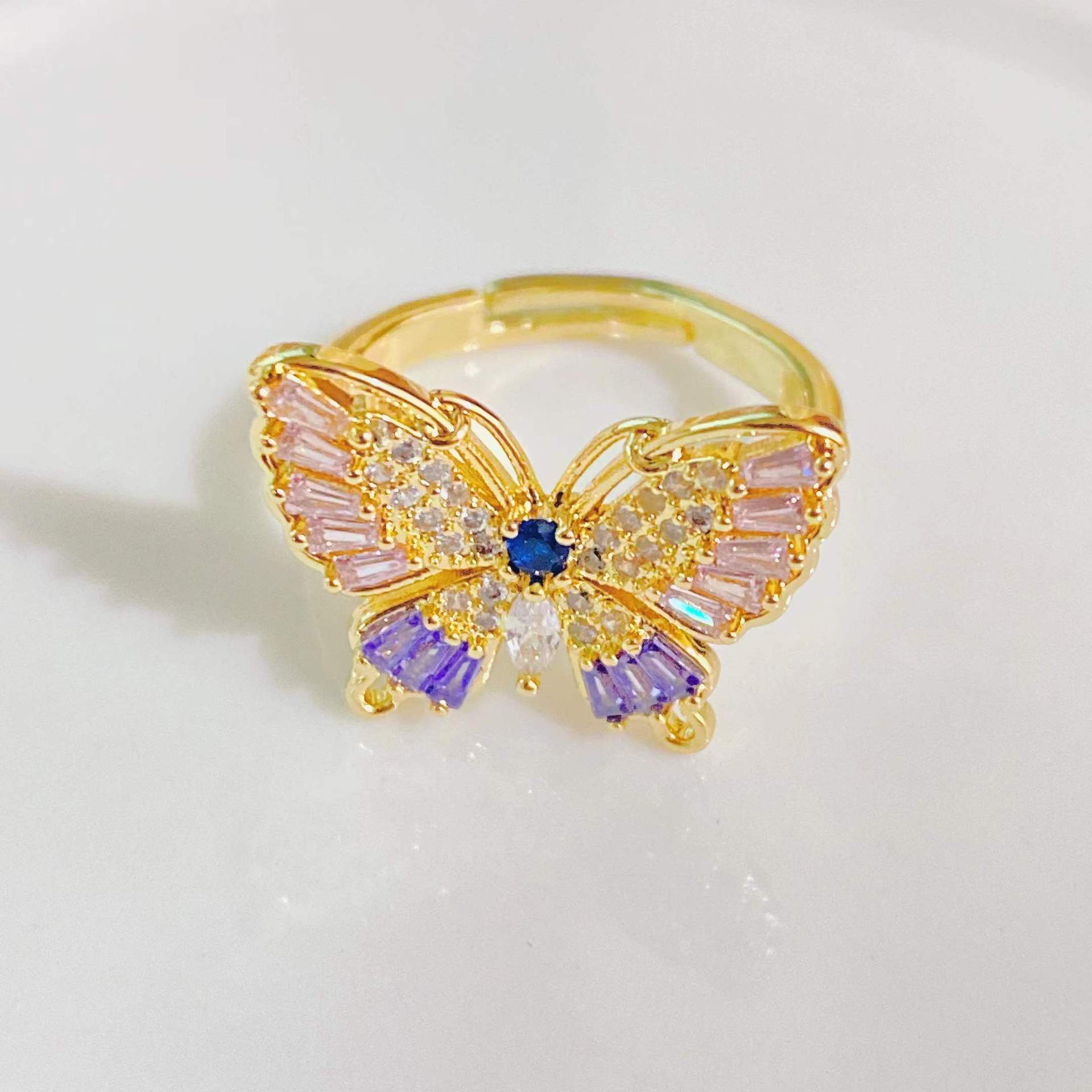 European and American fashion trend ring 18k gold plated zircon butterfly open female ring