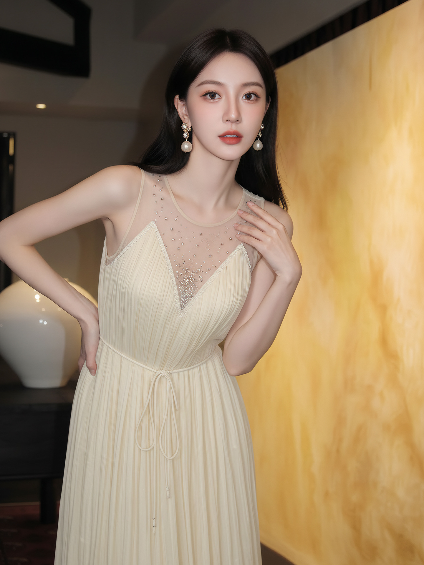 Đầm maxi nữ thắt eo không tay, cổ tròn, phối ren và vải lưới đính đá, tay áo xếp ly bồng — màu nâu, màu mơ