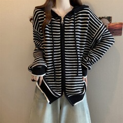 奶系软糯撞色条纹连帽拉链针织开衫2025秋冬季松弛感宽松慵懒外套