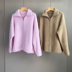 南油篙品2025秋冬新款LP羊绒毛巾绣翻领拉链时尚百搭女加厚针织衫