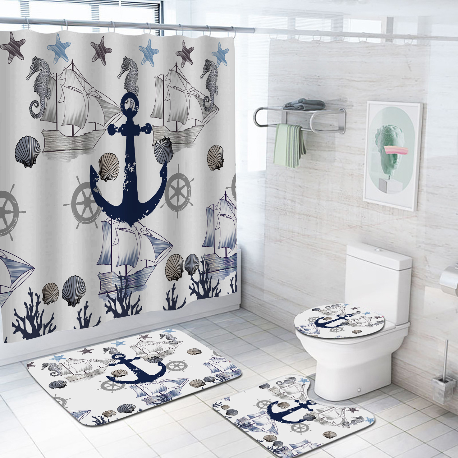 跨境新款亚马逊浴帘套装 浴室帘淋浴帘 数码印花涤纶防水浴帘批发