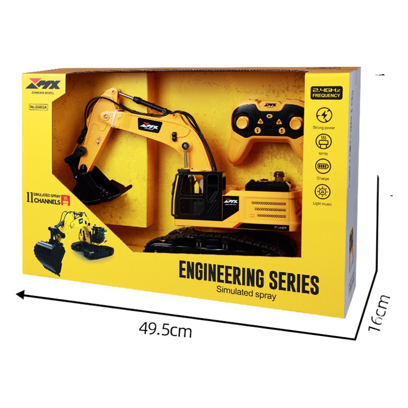 Excavadora de pulverización de aleación de control remoto de 11 canales para niños con rotación de efecto de luz y sonido Vehículo de ingeniería de excavadora de 640 °