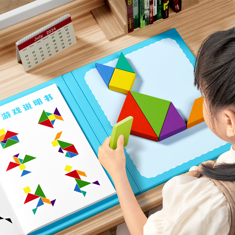 Weiweihu Kids Magnetic Tangram Clip de libro Formas geométricas Tablero de rompecabezas cognitivo Juguete de rompecabezas de rompecabezas de madera