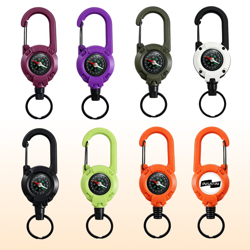 Multifunctional Retractable Hiking Keychain Outdoor Portable Anti-Lost Compass Pendant with Hard Steel Wire Easy-Pull Buckle