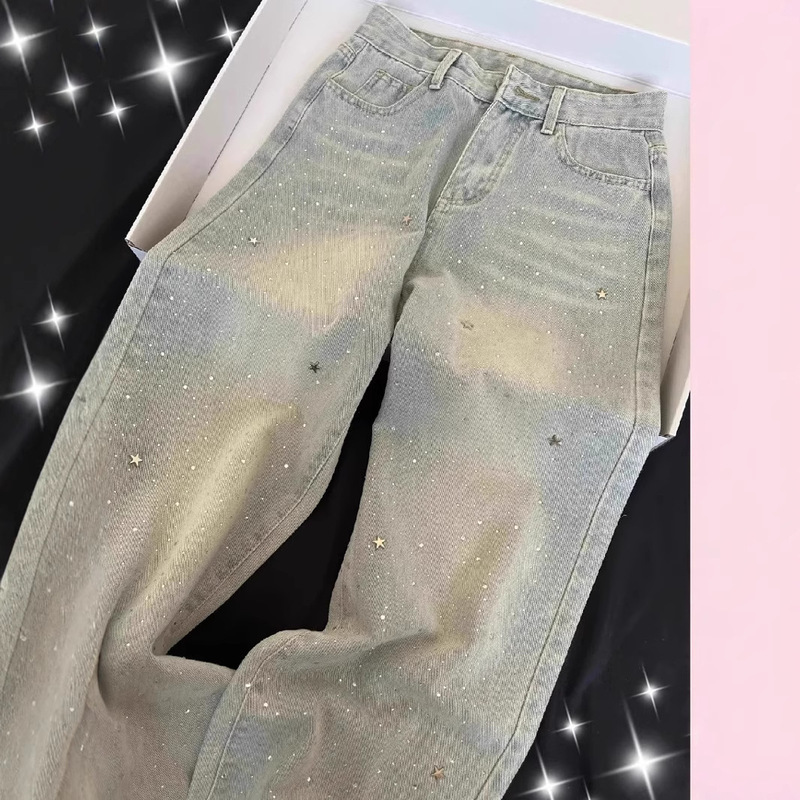 light blue Elegant Star Rhinestone Shiny High Waist Slimming Jeans Women's 2025 Summer New Wide Leg Trendy Pants light blue Elegant Star Rhinestone Shiny High Waist Slimming Jeans Women's 2025 Summer New Wide Leg Trendy Pants