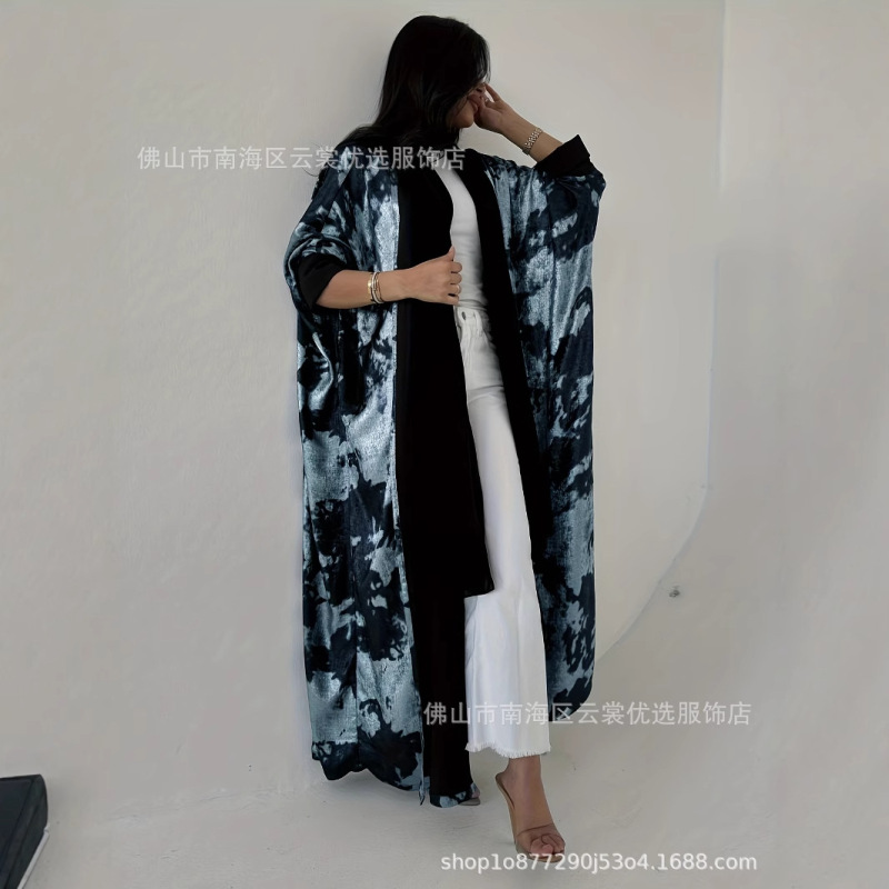 Cross-Border Foreign Trade Women's New Style Loose-Fitting Jacket Versatile Gold-Stamped Cardigan Robe with Headscarf Plus Size Cross-Border Foreign Trade Women's New Style Loose-Fitting Jacket Versatile Gold-Stamped Cardigan Robe with Headscarf Plus Size