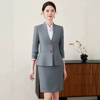 灰色V领单排扣职业套裙女收腰西装两件套前台礼仪工装一件批发