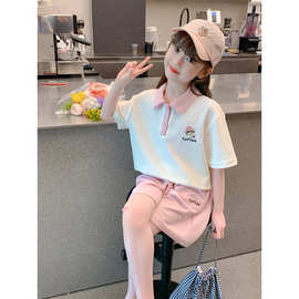 女童夏装套装韩版网红洋气女孩大童短袖儿童拼色Polo衫短裤两件套