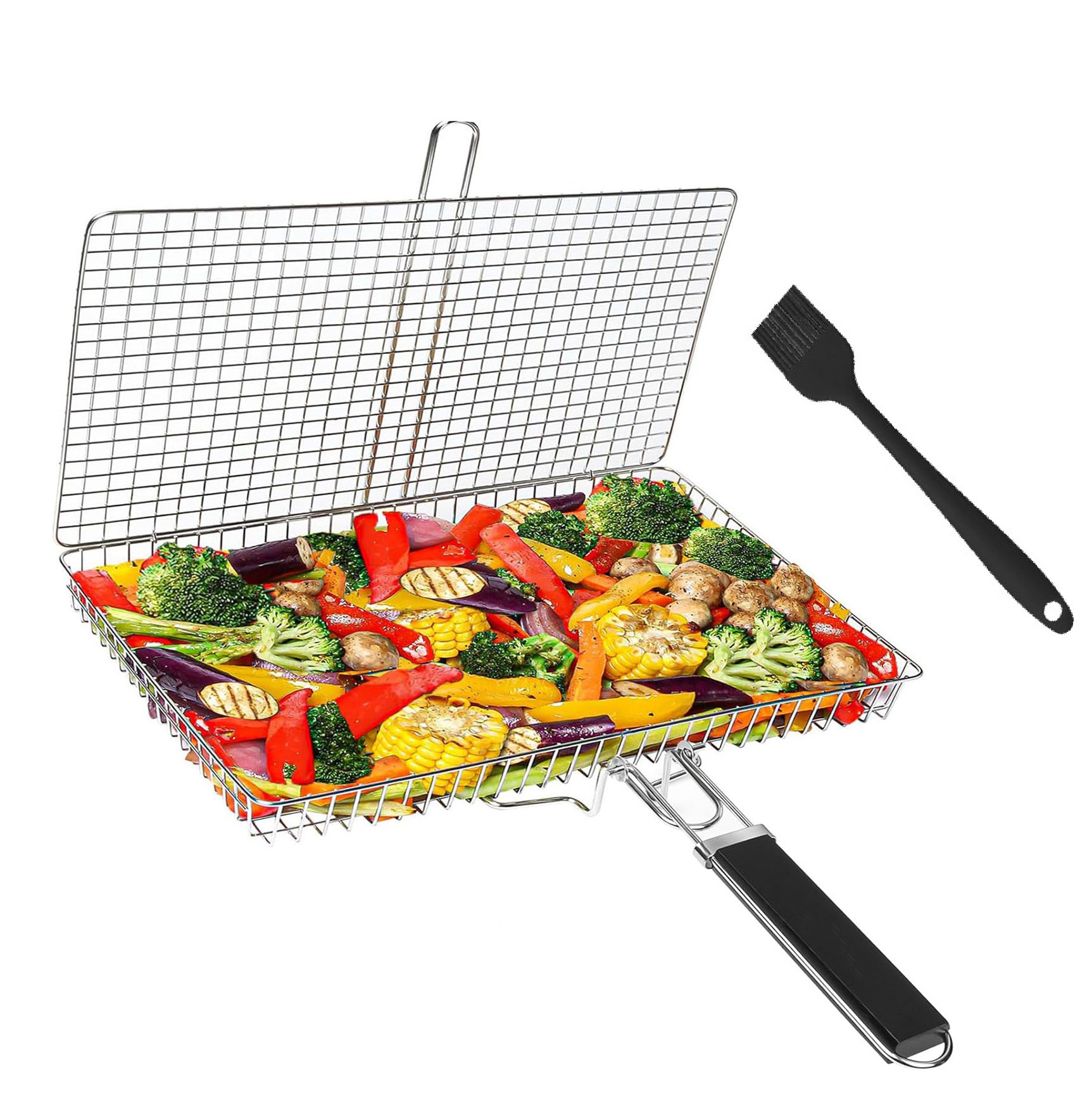 烧烤工具木柄食物夹430烤鱼夹可拆卸BBQ烤网户外 折叠烧烤网