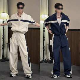 2026早秋新品男士时尚美式小众撞色夹克外套长裤宽松痞帅时尚套装