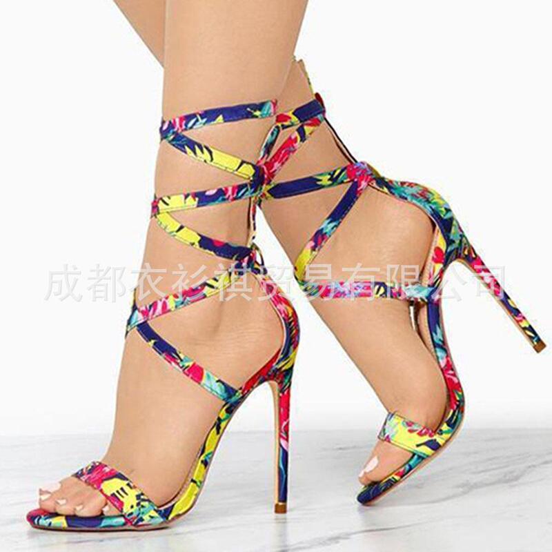 Factory direct foreign trade new European and American fashion multi-color thin heel strap high heel sandals Factory direct foreign trade new European and American fashion multi-color thin heel strap high heel sandals