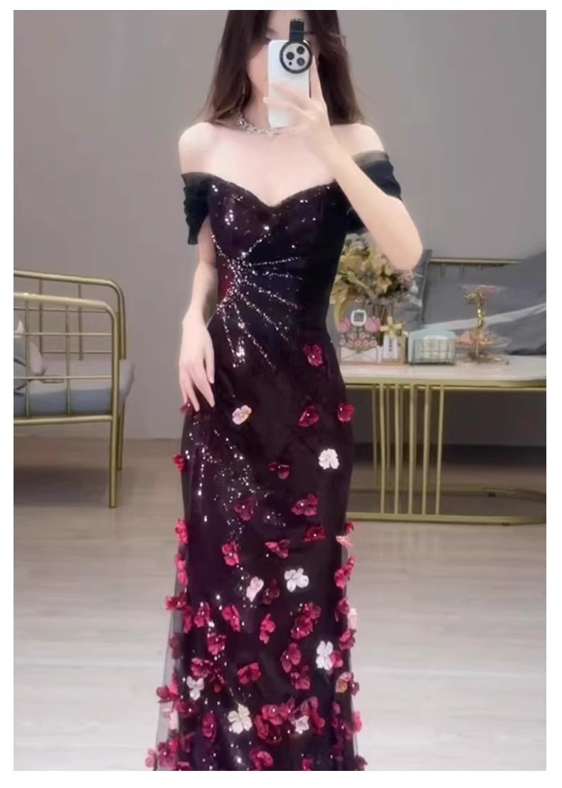 Off The Shoulder Bridal Toast Dress Floral Sequined Ethereal Beauty Mermaid Evening Gown For Engagement Party Hostess Style_ecoleips.com