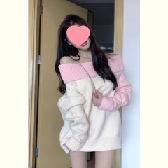 辣妹一字毛衣中长款拼色秋冬新款一字设计肩奶系连衣裙冰丝肩带款