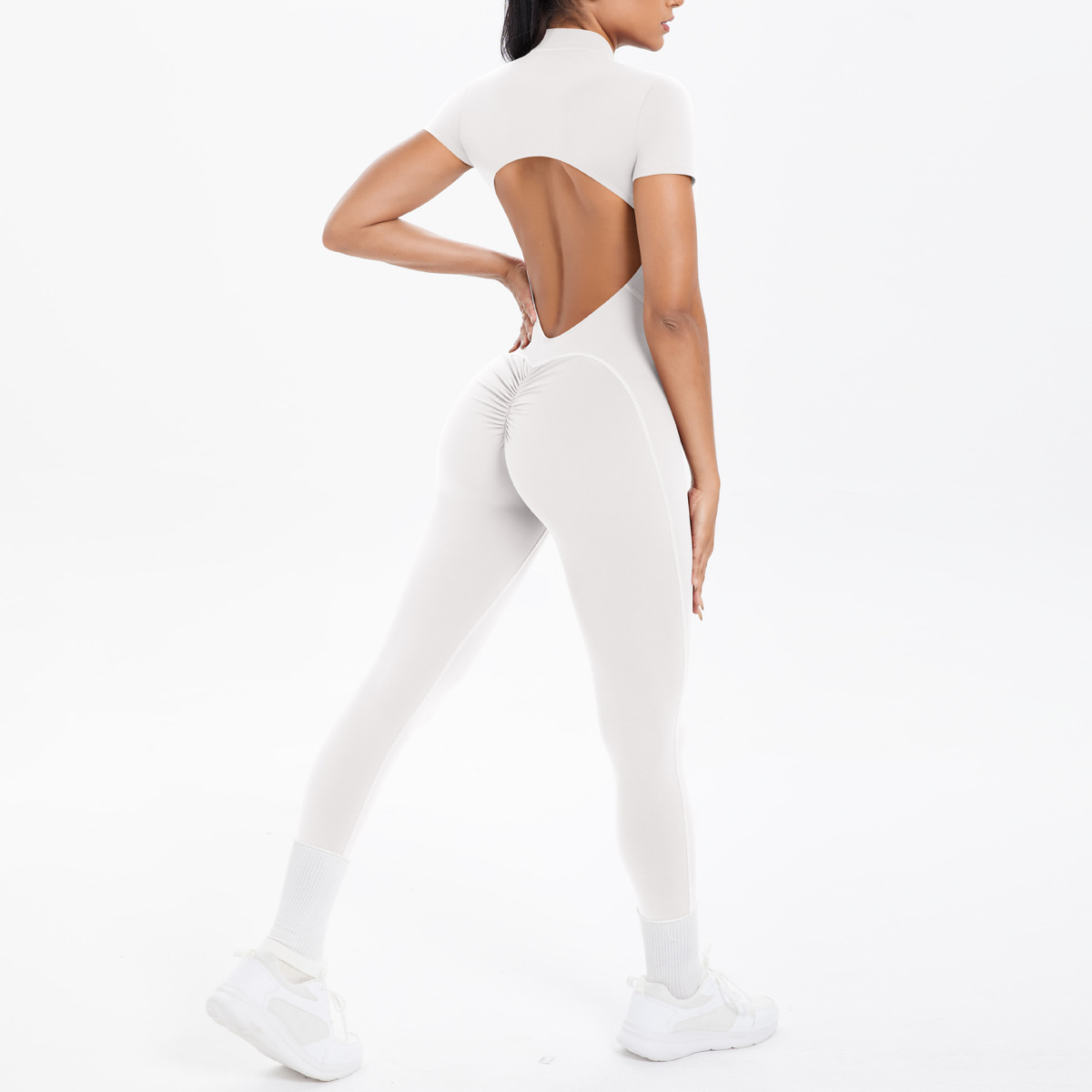 New Tight-Fitting Beautiful Back Hollow Out Short-Sleeved Long Pants Jumpsuit Sports Running Fitness One-Piece Yoga Suit_voghion.com