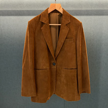 复古巴恩风美拉德色进口头层绵羊皮绒面真皮西装皮衣女外套