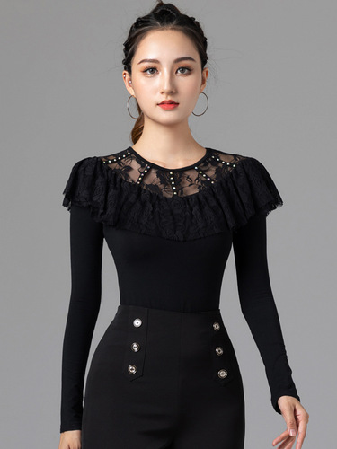 Black lace ballroom Latin dance tops women's long sleeved ruffles neck adult lace bling shirts for female modern dance practice clothing national standard dance clothes