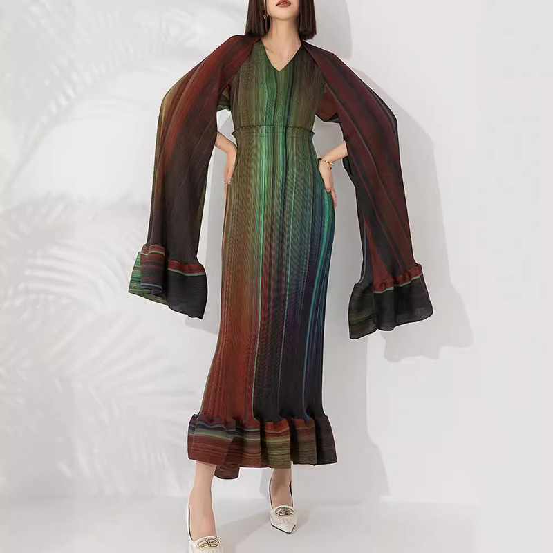 suit Women's High-end Spring and Summer New Gradual Color V-neck Long dress Long-sleeved Outer Two-piece Set