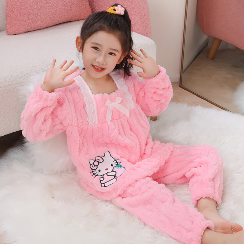 Otoño y invierno niños pijamas de franela niñas más terciopelo grueso coral terciopelo dibujos animados lindos set de ropa cálida para el hogar