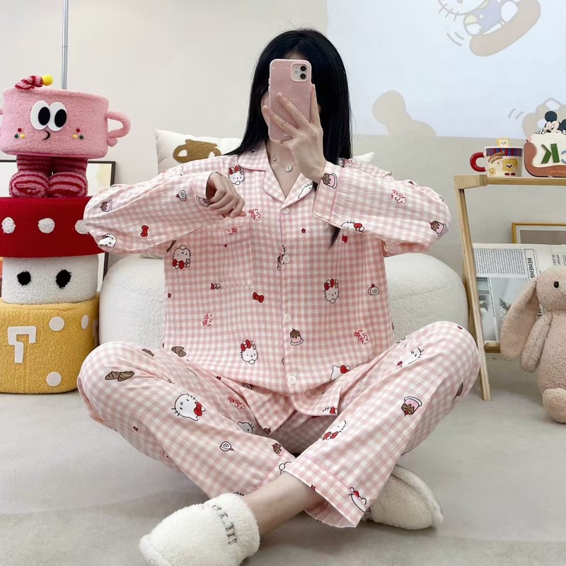 衫芊亿褶皱云朵棉睡衣女士春秋季印花翻领可爱卡通家居服套装新款|undefined