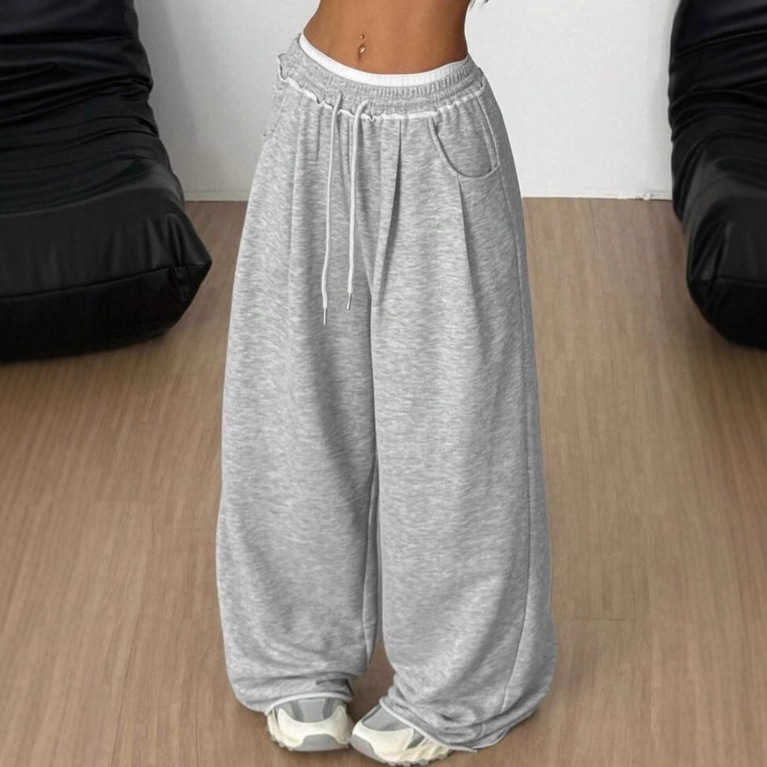 Cuerdas transfronterizas cintura elástica gris pantalones de pierna ancha para mujeres primavera y otoño cintura alta sensación vertical rectas sueltas pantalones casuales