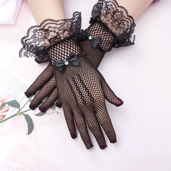 Short Fishing Net Bright Diamond Bow Lace Lace Bridal Gloves Wedding Ceremony Stage Performance Gloves