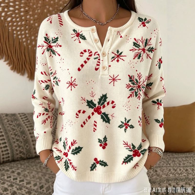 2026 European and American new autumn and winter women's clothing, Christmas buttoned sweater, half-cardigan, vintage unique sweater, exclusively for cross-border sales 2026 European and American new autumn and winter women's clothing, Christmas buttoned sweater, half-cardigan, vintage unique sweater, exclusively for cross-border sales