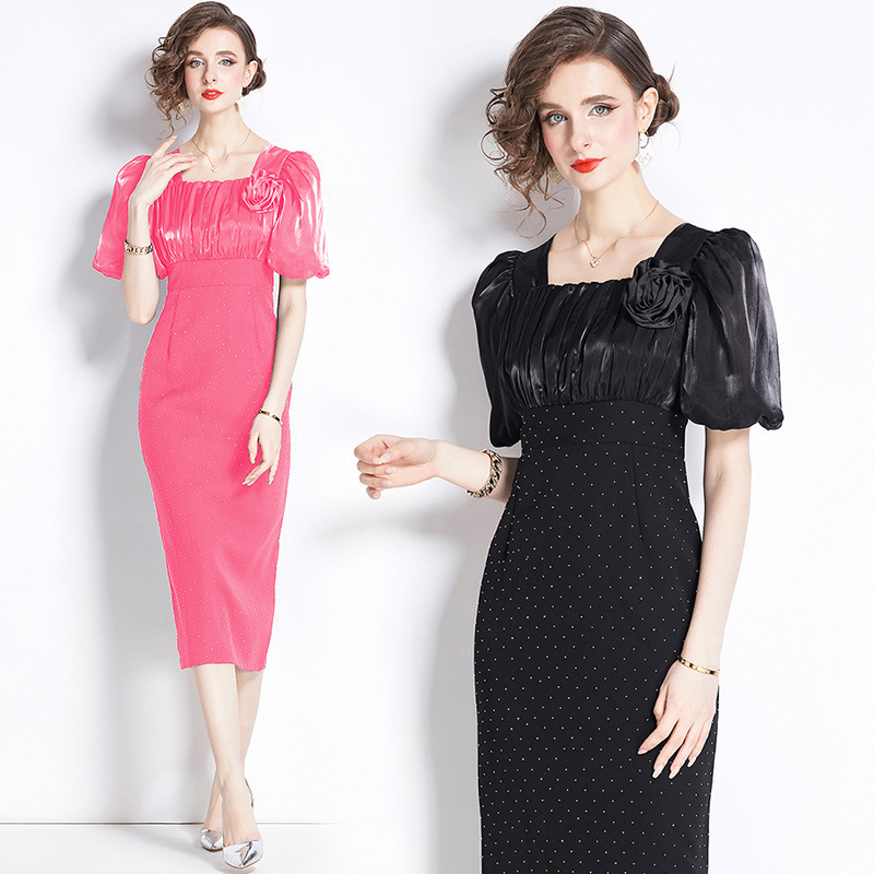 elegant-short-sleeved-dress-wrap-hip-press-drill-square-collar-dress