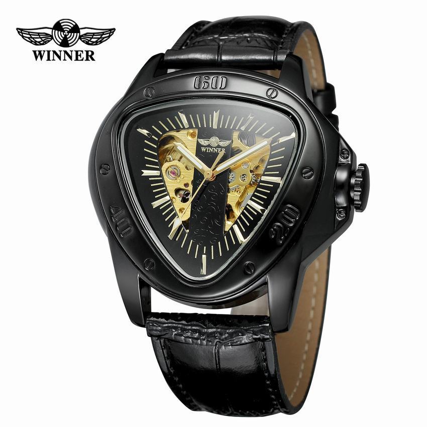 Ganador hombres de negocios reloj mecánico cinturón hueco reloj mecánico automático triángulo caso en forma de reloj