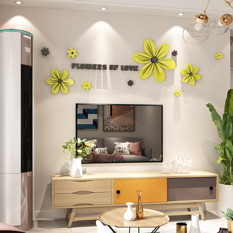 Decoração de parede autoadesiva em acrílico 3D com estampa de flores de verão para sala de jantar, sala de estar, quarto, sofá e parede atrás da TV._voghion.com