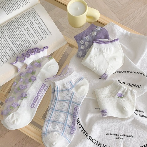 ins trendy Japanese spring and summer new style light purple lace transparent glass stockings fungus edge floral shallow socks